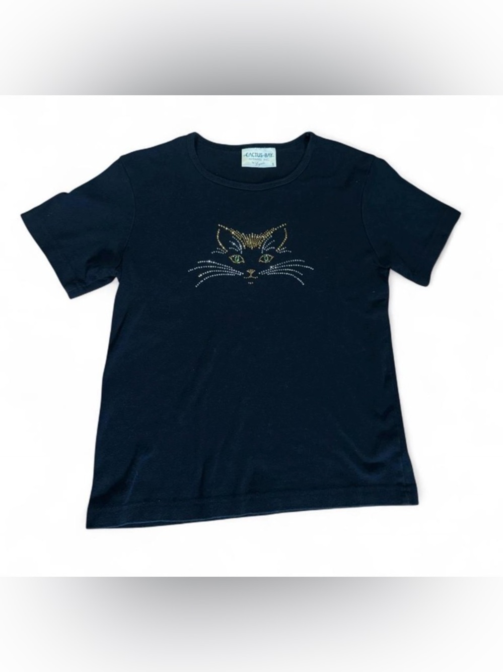 Vintage Cactus Bay Black Tee with Gold & Green Rhinestone Cat Face
